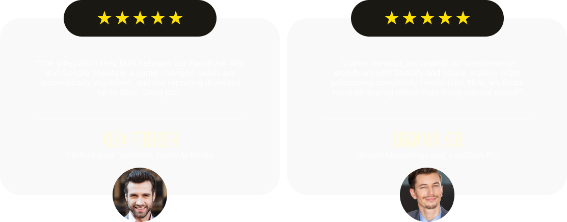 Two client testimonials with 5-star ratings from Alex Peterson and Brian Walker.