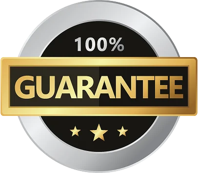 Gold and black badge with “100% Guarantee” and three stars, symbolizing trust and satisfaction.